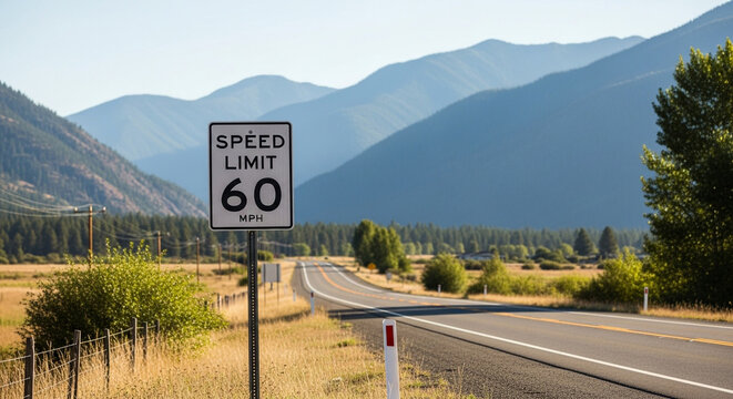 Scenic road trip adventure awaits with a 60 MPH speed limit and majestic mountain views beckoning travelers to explore the open road
