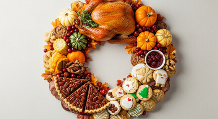 Festive Thanksgiving food wreath with golden turkey, colorful pumpkins, pecan pie, and holiday cookies brings warmth and celebration to your table