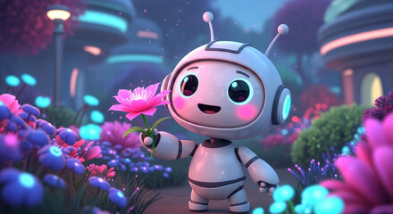 Adorable robot holds a delicate pink flower in a dreamy, neon-lit garden, spreading joy and wonder in a futuristic landscape fantasy scene