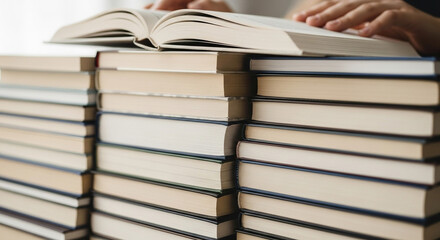 Dive into knowledge with a stack of books and open pages, perfect for education, research, and literary explorations, inspiring readers everywhere