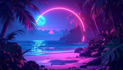 Neon Beach Sunset with Palm Trees, Moon and Ocean in Vaporwave Style
