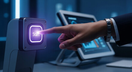 Professional hand presses illuminated 'Start' button triggering futuristic technology and data analysis on tablet screen in modern office