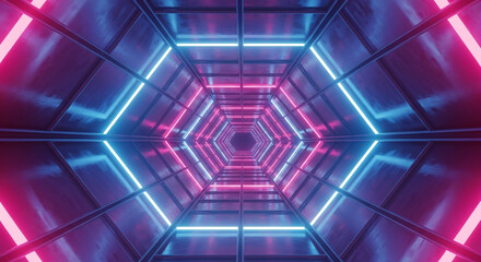 Journey through a futuristic neon tunnel with vibrant pink and blue lights guiding the way into the unknown.