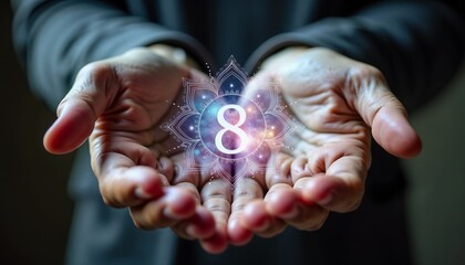 Hands holding number "8" symbol in a glowing mandala, symbolising Vedic numerology, astrology and spiritual concepts