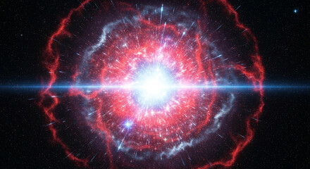 Stunning cosmic nebula explosion with radiant light and swirling red gas, a vibrant depiction of deep space wonder and scientific discovery.