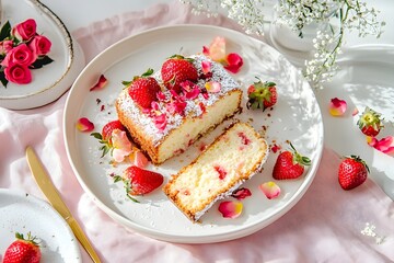 Strawberry loaf cake flatlay, sliced dessert with edible flowers, pink linen backdrop, bright daylight styling, minimal composition, spring pastel tones, modern homemade baking look