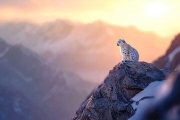 A solitary snow leopard sits majestically on a rocky outcrop, overlooking a serene, sun-kissed mountain range at dawn or dusk. Its powerful presence dominates the wild landscape.