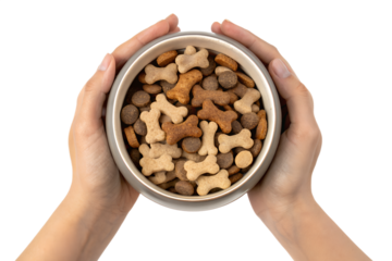 Hands with bowl filled with premium dog food, isolated on transparent background for pet product mockups, responsible pet ownership and feeding time concept