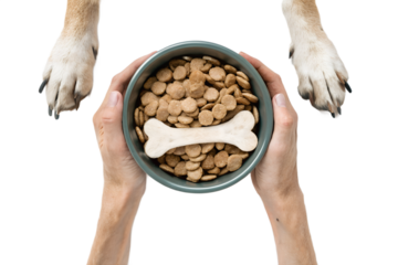 Person's hand holding full dog food bowl, offering it to dog, pet care and feeding concept isolated on transparent background