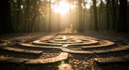 Sunlight illuminates a stone labyrinth in a forest clearing