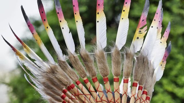 Colorful feathered headdress celebrating native american heritage at a latin american festival