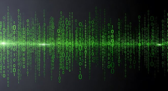 Digital binary code stream with glowing green data wave on dark background.