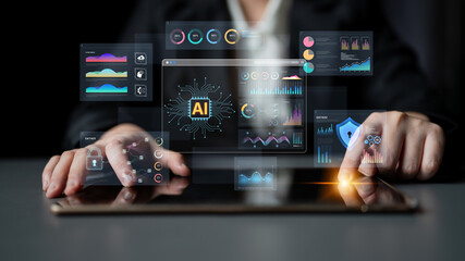 An Artificial Intelligence platform for business intelligence. The dashboard shows advanced data analytics, predictive modeling, and security monitoring through various visualizations. Fermion