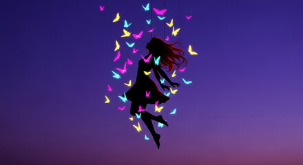 Dreamy silhouette of a woman floating among vibrant neon butterflies against a twilight sky, evoking freedom and wonder.
