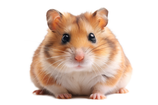 Cute brown and white hamster sitting upright isolated on transparent background