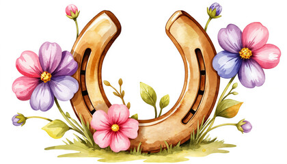 Horseshoe surrounded by colorful flowers and green leaves  
