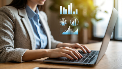 Businesswoman typing on laptop with data visualizations in office  