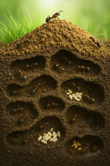 an anthill in the section. Cross section of underground ant nest with worker ants, eggs and tunnels illustrating colony structure, teamwork, and insect life inside soil environment ecosystem. 