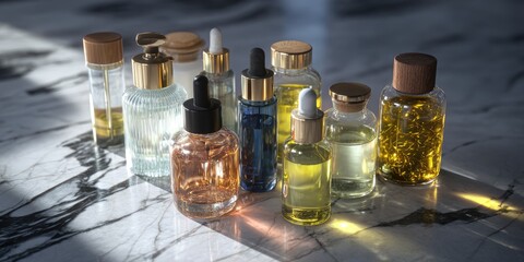 Various glass bottles of liquids, likely skincare or beauty products, displayed on a marble surface, illuminated by sunlight
