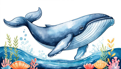 Blue whale swimming amidst colorful coral reef and bubbles  