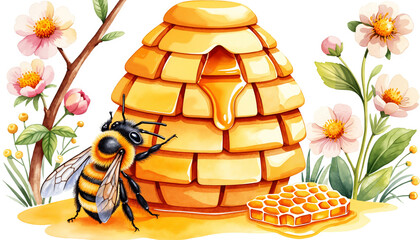Honeybee near hive and honeycomb surrounded by colorful flowers  
