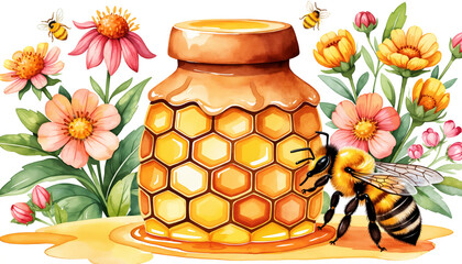 Honey jar with bee and colorful flowers in a bright garden  
