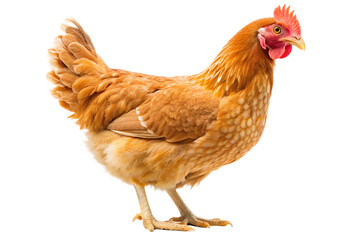 Fototapeta premium Brown hen standing upright isolated on transparent background, showcasing feathers and red comb