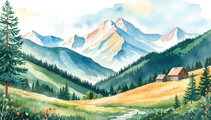 Serene watercolor landscape with mountains, trees, and a meadow  