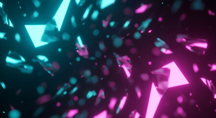 Dynamic abstract explosion of vibrant pink and cyan geometric shards and bokeh lights against a dark background creating energetic futuristic motion