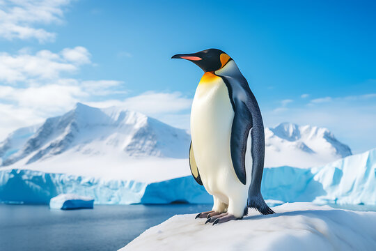 A solitary emperor penguin stands majestically on an ice floe, surrounded by breathtaking icy mountains and blue skies - Powered by Adobe