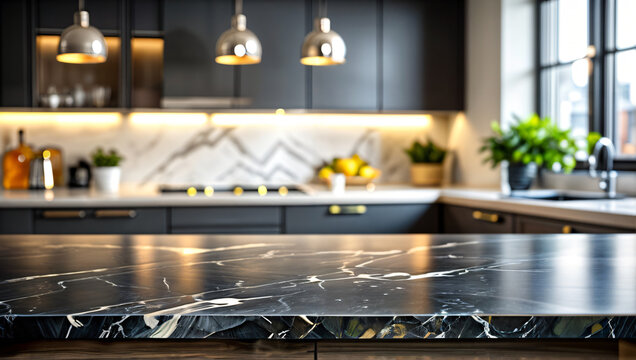 marble countertop in a modern kitchen with black cabinets
