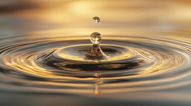 Golden water droplet impacting a surface, creating ripples.