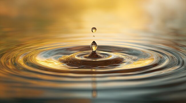 Golden water droplet impacting rippling surface