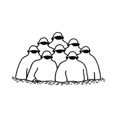 Obraz premium A clustered group of nine figures draped in white cloth with dark shaded faces and hats in a simple drawing
