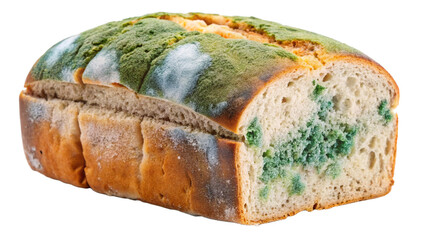  a-moldy-loaf-of-bread-with-a-strong-growth-of-green  fungus isolated on white background