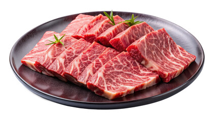  rare-sliced-wagyu-beef-with-marbled-texture-on-black plate isolated on white background