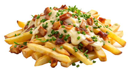 french-fries-topped-with-cheese--bacon--and-chives isolated on white background