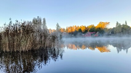 Autumn landscape with fog on the lake and colorful forest in the background