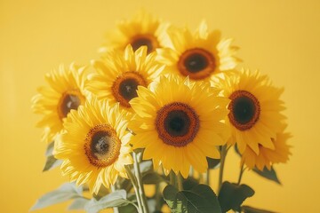 Fototapeta premium Vibrant yellow sunflowers with dark centers, forming a beautiful bouquet against a matching sunny yellow background, symbolizing joy and summer.