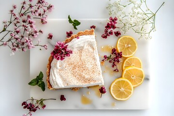 Single lemon toast overhead, powdered sugar finish, citrus slices side layout, scattered blossoms, white backdrop minimalism, airy daylight, styling for banner, strong copy space