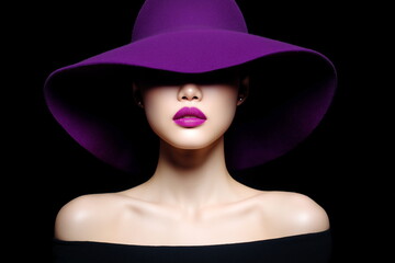 Purple-colored lips of an Asian-looking model wearing a purple felt hat on a black background. Advertising for lipstick, cosmetics, and a luxury clothing store.