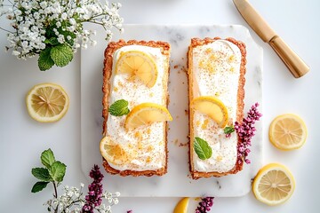 Lemon toast flatlay, two slices on white board, citrus curd topping, mint garnish, rolling pin prop, spring florals, bright minimal background, generous copy space