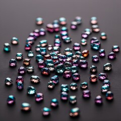 Abstract Macro Shot of Shimmering Iridescent Glass Fragments Reflecting Diwali Festive Lights, Symbolizing Celebration's Artistic Aftermath and Eco-Friendly Design.