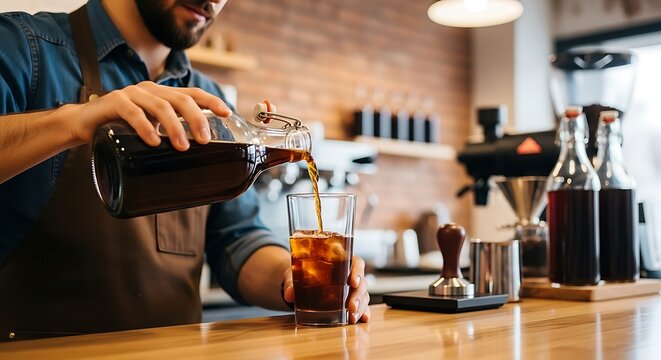 Barista Pouring Cold Brew Coffee into Glass with Ice.