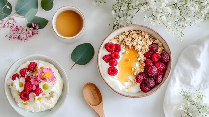 Bright breakfast flatlay, yogurt and granola bowls, berries and edible flowers, white linen background, soft daylight styling, minimalistic copy space, airy spring mood