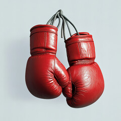 Pair of red boxing gloves hanging on string isolated on light background