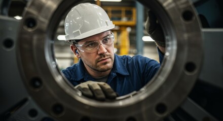 Man, an engineer, inspecting a large industrial machine component. Factory worker wearing safety gear checking parts for quality control.