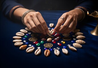 Astrologer's Hands Arranging Sacred Cowrie Shells, Gems, and Yantras for Diwali Prosperity: A Close-Up of Ancient Spiritual Guidance.