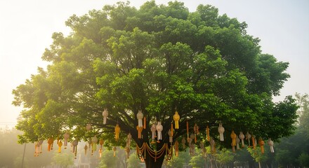Serene Ashoka Tree in Temple Garden at Dawn with Traditional Diwali Lanterns and Marigold Garlands, Symbolizing Peace and Spiritual Renewal