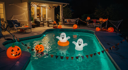 Outdoor swimming pool decorated with inflatable ghosts and glowing jack-o'-lanterns for Halloween celebration in a resort or backyard.